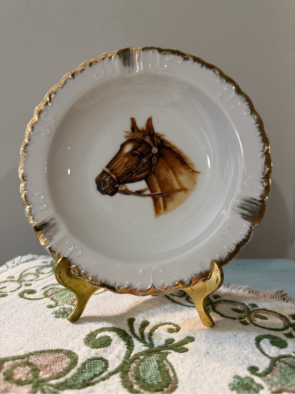 Vintage Horse Motif Porcelain Ashtray with Gold Trim